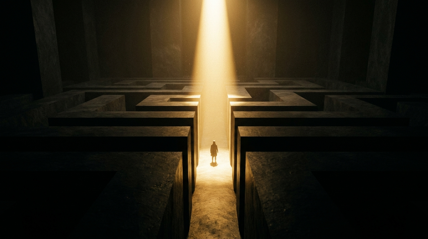 Cinematic stone labyrinth with golden light